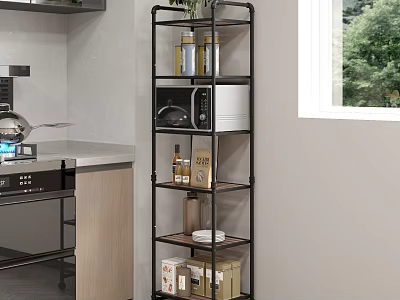Multi tier Metal and Wood Kitchen Storage Shelf with Microwave Spices and Supplies 3d model