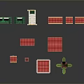 Pixel Art Furniture Set With Green Benches Red Tables Wooden Cabinets And Potted Plant