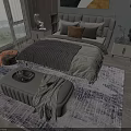 Modern Double Bed with Gray Bedding Pillows and Bench in Bedroom with Window View 3d model
