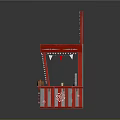 Red Kiosk With Arched Roof Decorative Patterns White Bunting Flags And Counter