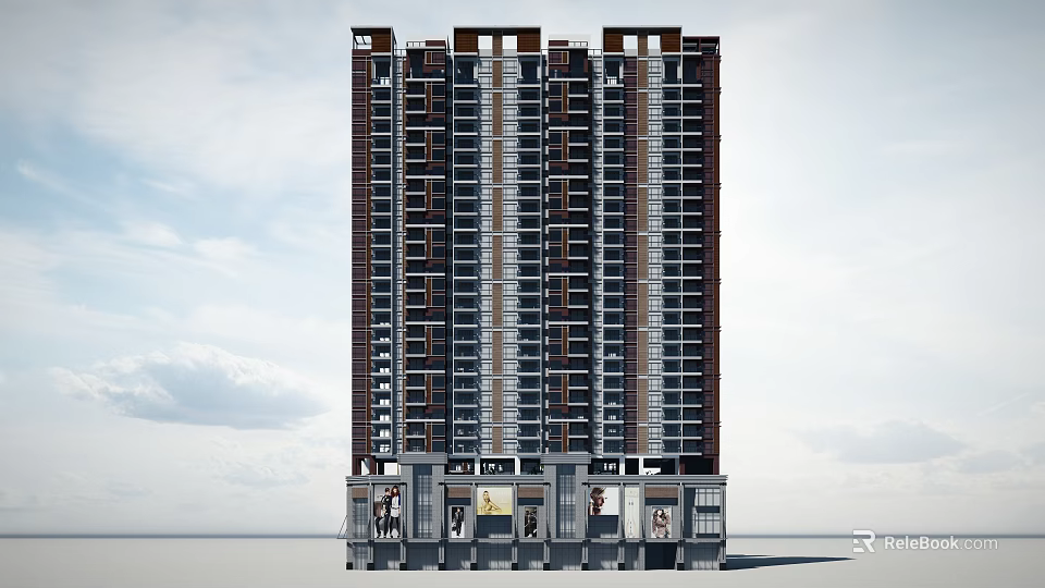 Modern Commercial Street With High Rise Building And Retail Shop Fronts 3d model 
