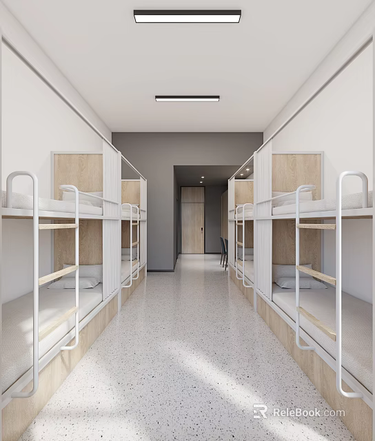 Modern Dormitory Corridor With Wooden Bunk Beds White Walls And Gray Floor 3d model 