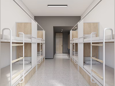 Modern Dormitory Corridor With Wooden Bunk Beds White Walls And Gray Floor 3d model