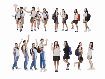 Group of Cheerful Students Waving Jumping with Backpacks on School Campus 3d model