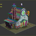Cartoon Style Detailed House With Blue Roof Purple Chimney Colorful Round Window And Orange Decoration