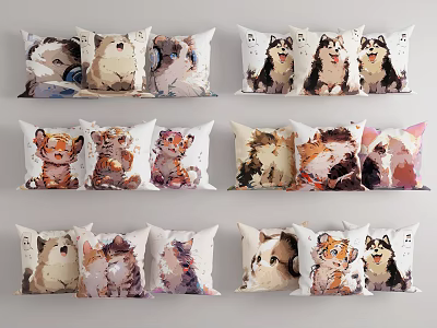Cute Watercolor Cat and Dog Illustration Printed Decorative Throw Pillows for Home Decoration 3d model