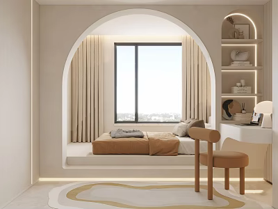 Tatami Bedroom With Arched Design Window Beige Curtains Desk Table Lamp Cozy Rug 3d model