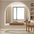 Tatami Bedroom With Arched Design Window Beige Curtains Desk Table Lamp Cozy Rug