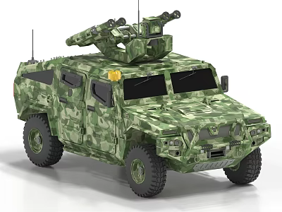 Green Camouflage Military Wheeled Armored Tank with Turret and Weapon System 3d model