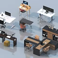 Modern Office Desks with Various Designs Chairs Computers Lamps and Storage Cabinets