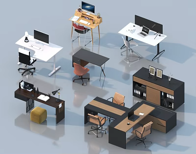 Modern Office Desks with Various Designs Chairs Computers Lamps and Storage Cabinets 3d model