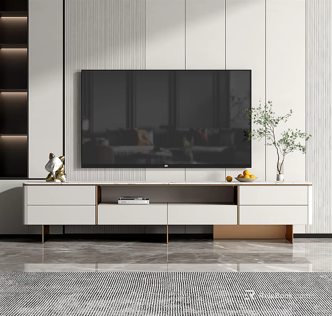 Modern White TV Stand With Storage Drawers Decorative Items And Potted Plant 3d model 