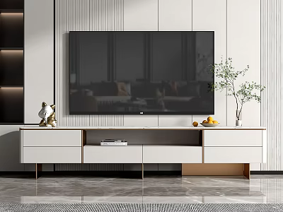 Modern White TV Stand With Storage Drawers Decorative Items And Potted Plant 3d model