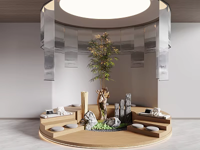 Natural Circular Wooden Landscape Seating With Green Plant And Stone Decorations 3d model