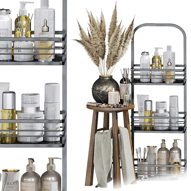 Bathroom Essentials Storage With Metal Shelves Organized Toiletries Decorative Pampas Grass And Towels 3d model 