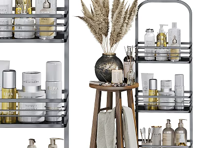 Bathroom Essentials Storage With Metal Shelves Organized Toiletries Decorative Pampas Grass And Towels 3d model