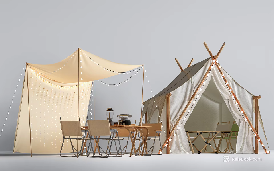 Outdoor Camping Tents With String Lights And Wooden Tables Chairs Setup Scene 3d model 