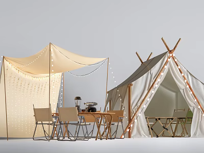 Outdoor Camping Tents With String Lights And Wooden Tables Chairs Setup Scene 3d model