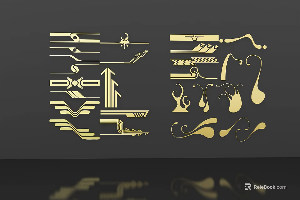 Golden Artistic Wall Decor With Modern Geometric Patterns And Decorative Elements 3d model 