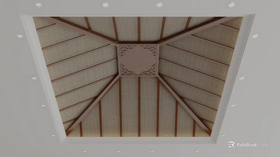 Traditional Wooden Ceiling Design with Carved Square Panel Striped Pattern and Recessed Lights 3d model