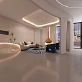Modern Style Lobby Interior With Curved White Walls Circular Ceiling Lights And Spiral Staircase