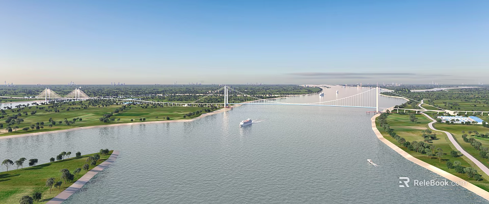 Grand Modern Suspension Bridge Spanning Wide River With Cruise Ships And Lush Riverside Landscape 3d model 