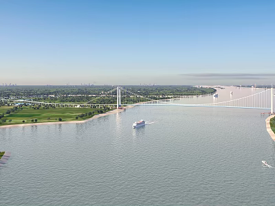Grand Modern Suspension Bridge Spanning Wide River With Cruise Ships And Lush Riverside Landscape 3d model
