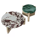 Round Coffee Table Featuring Red White Veined Marble Top And Beige Stone Base 3d model
