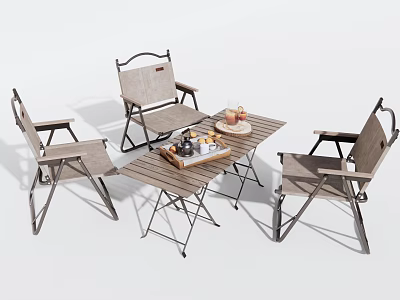 Foldable Outdoor Table with Four Chairs and Food Tray on Wooden Surface 3d model