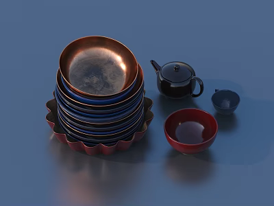 Colorful Stacked Bowls Plates of Various Sizes with Black Teapot and Small Teacups 3d model