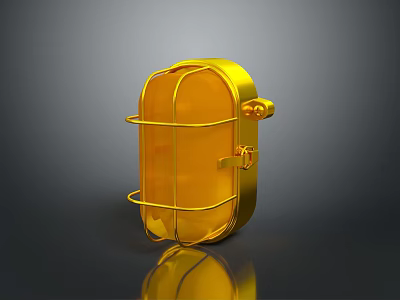 Golden Metal Frame Lighting Fixture With Protective Cage And Glass Shade 3d model