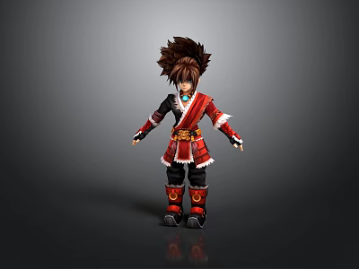 Anime Style Character Outfit With Brown Spiky Hair Red Black Attire And Ornate Boots 3d model