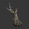 Natural Wooden Tree Root Sculpture With Stone Base And Mossy Details