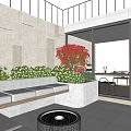 Modern Courtyard Garden with Fire Pit Stepped Seating Lush Greenery Red Blooms and Glass Railings