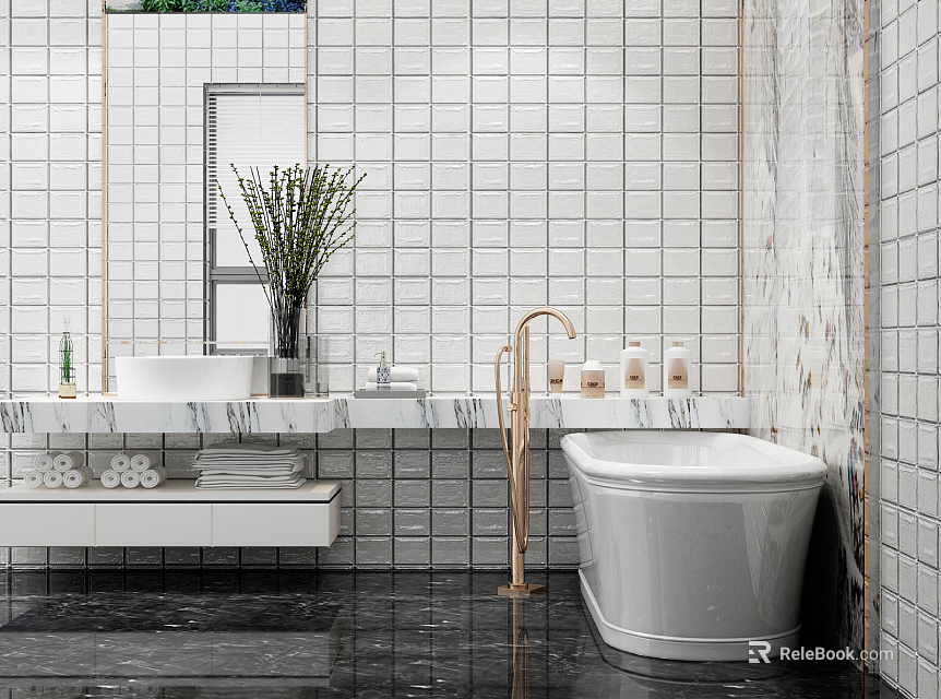 Modern Bathroom Vanity With Marble Countertop Brushed Brass Faucet And White Tiled Walls 3d model 