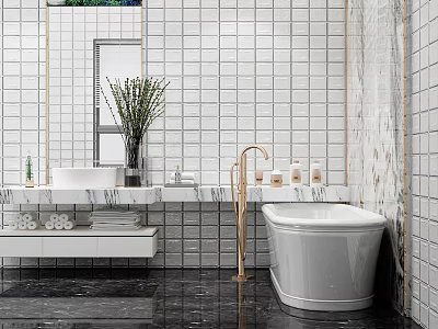 Modern Bathroom Vanity With Marble Countertop Brushed Brass Faucet And White Tiled Walls 3d model