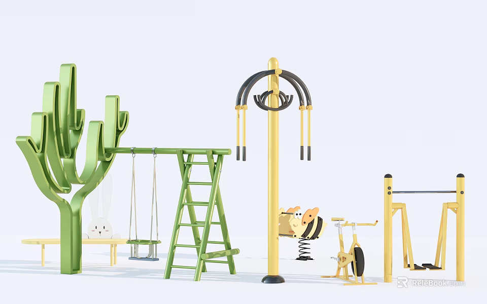 Outdoor Sports Fitness Equipment With Green Cactus Swing Ladder And Yellow Parallel Bars Spring Seat 3d model 