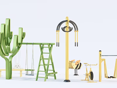 Outdoor Sports Fitness Equipment With Green Cactus Swing Ladder And Yellow Parallel Bars Spring Seat 3d model