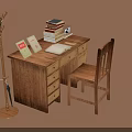Wooden Study Desk With Chair Stack Of Books Open Notebooks And Coat Rack