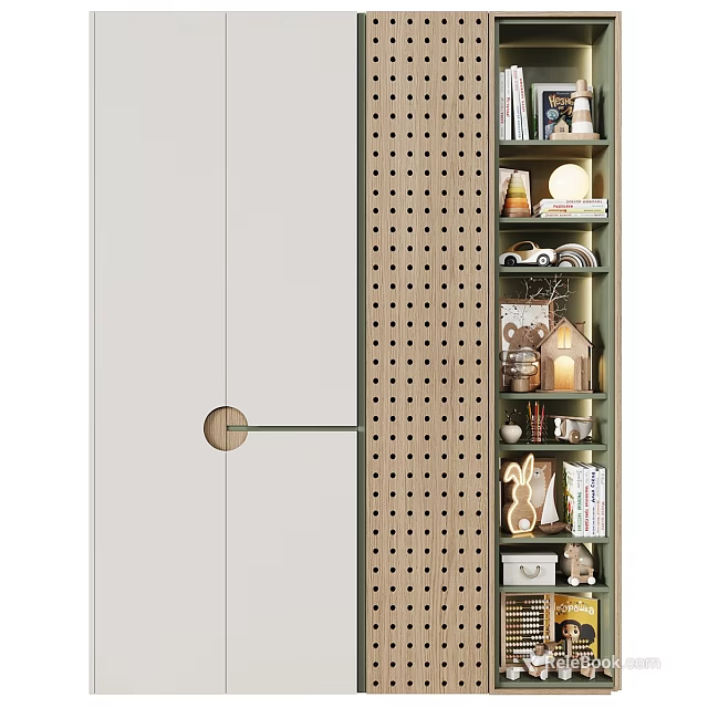 Modern Wardrobe With White Doors Round Handle Perforated Panel And Storage Display Shelves 3d model 
