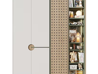 Modern Wardrobe With White Doors Round Handle Perforated Panel And Storage Display Shelves 3d model