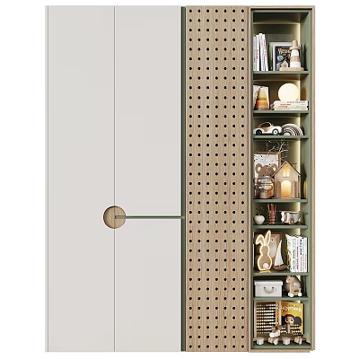 Modern Wardrobe With White Doors Round Handle Perforated Panel And Storage Display Shelves 3d model