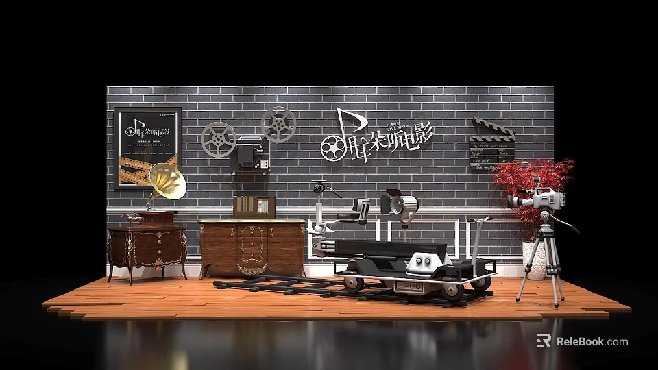 Vintage Movie Themed Background Wall With Brick Design Blackboard Gramophone And Projector 3d model 