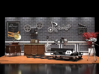 Vintage Movie Themed Background Wall With Brick Design Blackboard Gramophone And Projector 3d model