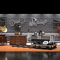 Vintage Movie Themed Background Wall With Brick Design Blackboard Gramophone And Projector