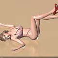 Woman Lying on Beige Floor Wearing Pink Lace Lingerie and Red High Heels