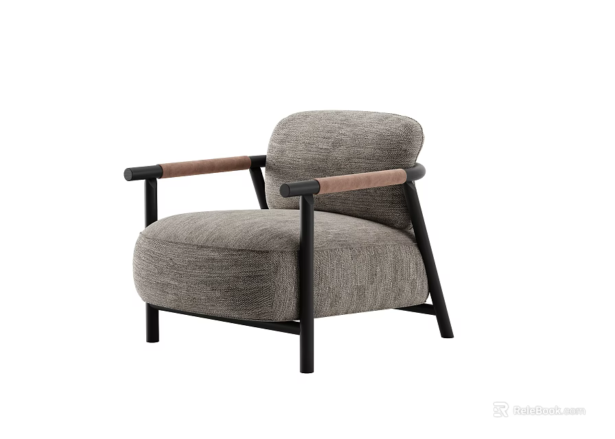 Modern Single Sofa With Gray Fabric Cushion And Wooden Armrests And Black Frame 3d model 