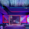 Modern Bar Interior Design With Bar Counter Wine Bottles Black Stools And Purple Blue Lighting