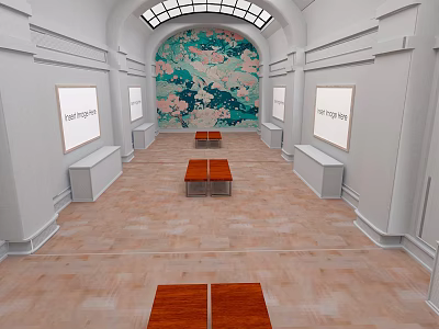 Art Gallery Interior With White Walls Framed Artworks Wooden Benches And Floral Mural 3d model