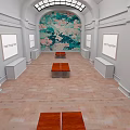 Art Gallery Interior With White Walls Framed Artworks Wooden Benches And Floral Mural